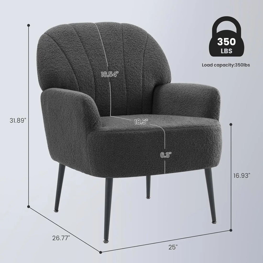 Dimension diagram of a grey wool accent chair showing seat height, backrest measurements, and a 350-pound load capacity, featuring comfortable arms and metal legs.

