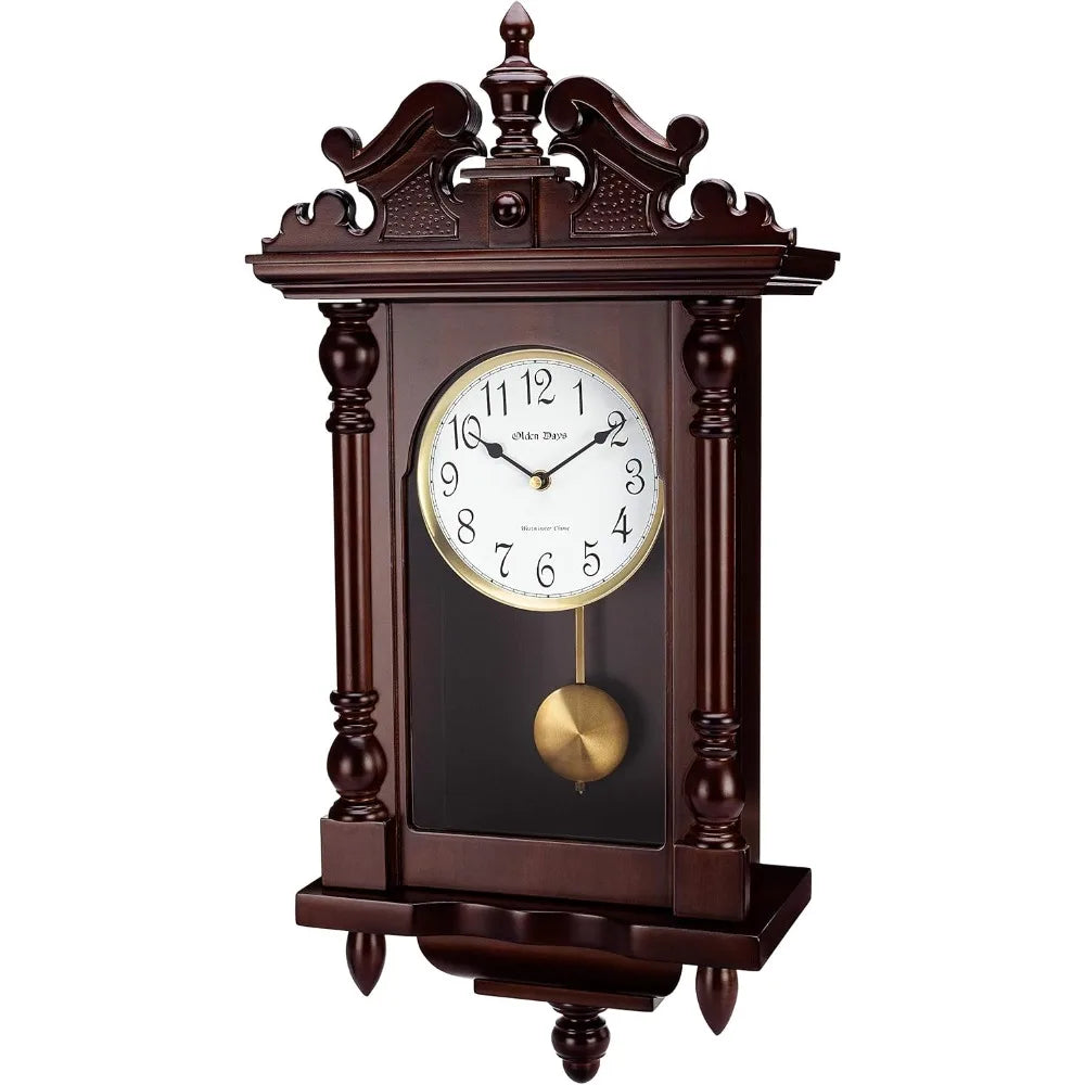 Antique-style wooden grandfather clock with swinging pendulum, vintage design.