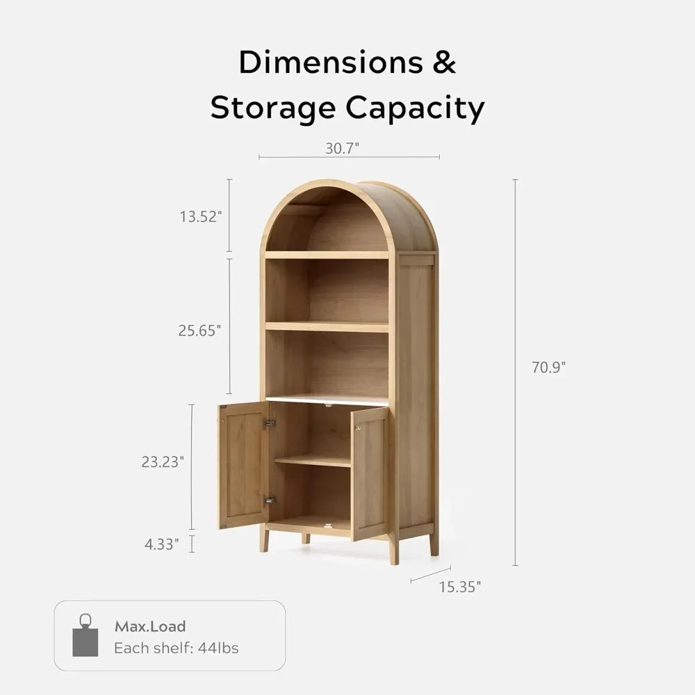 Dimensions of the 71-inch arched bookcase cabinet with doors, showcasing spacious storage and load capacity.