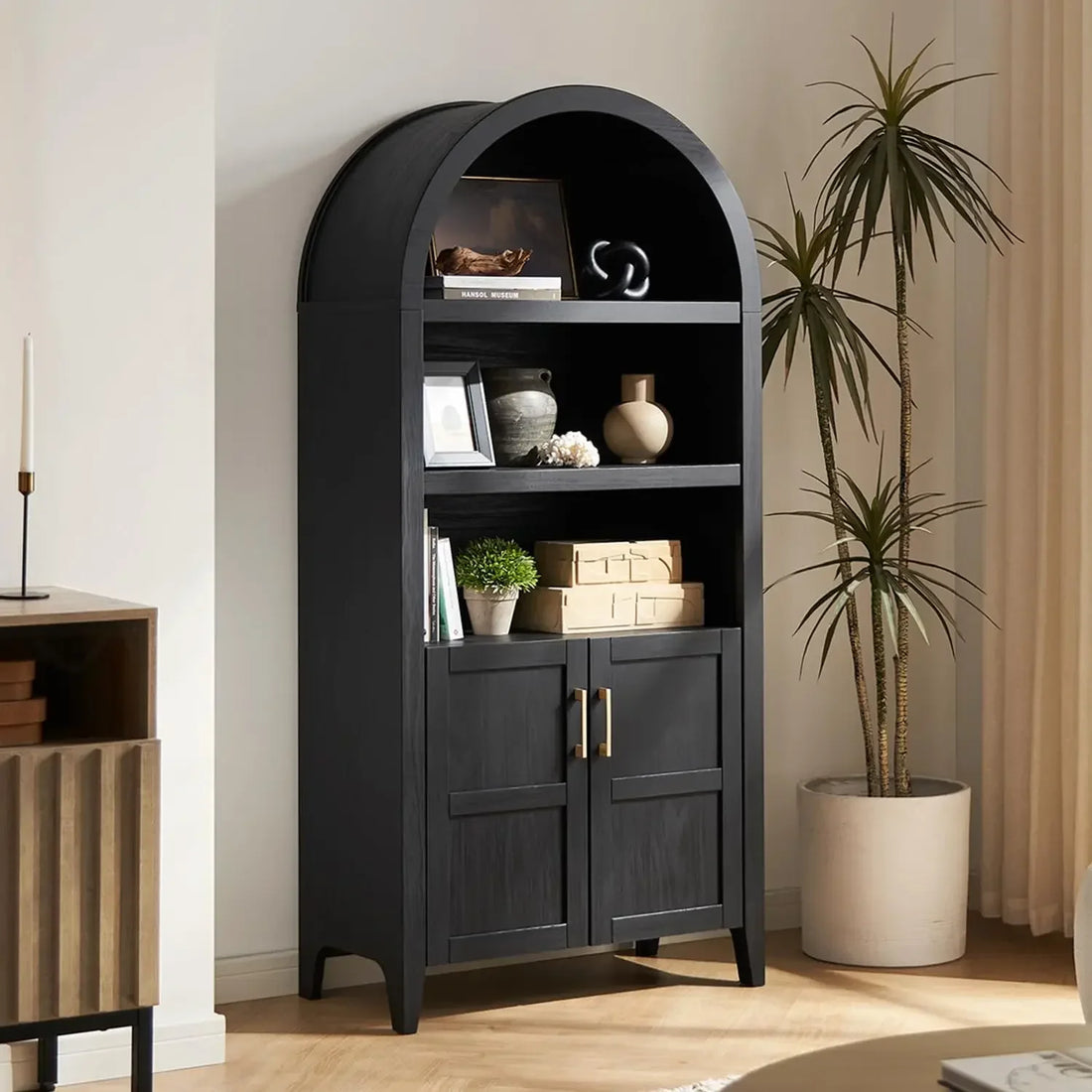 Detailed view of a 65.4-inch short arched cabinet featuring elegant shelving and functional storage compartments.