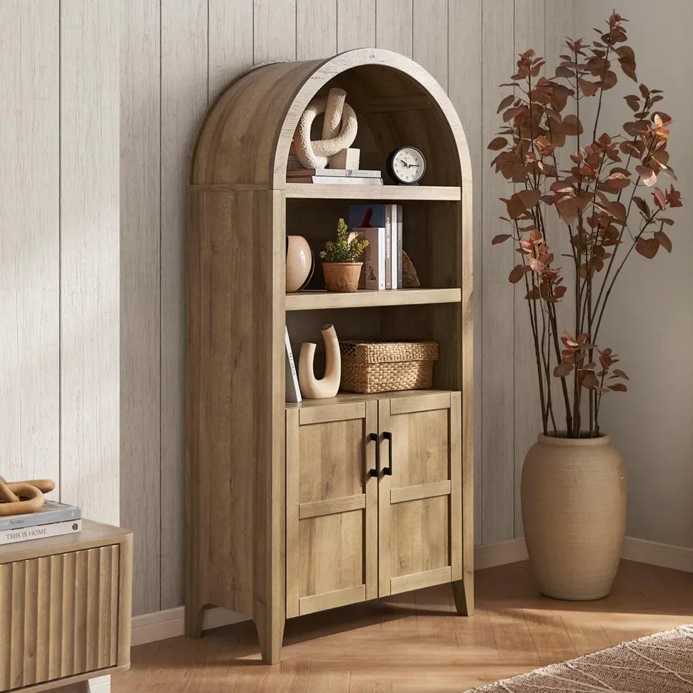 Short arched cabinet with 5-tier bookcase placed in a modern living room, enhancing both storage and aesthetics.