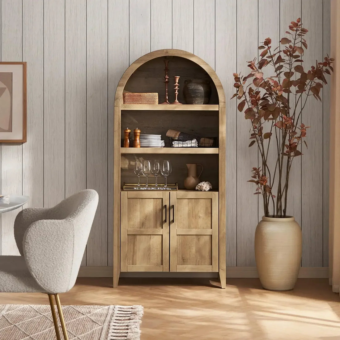 Short arched cabinet with open doors, displaying a 5-tier arched bookcase and organized storage space.