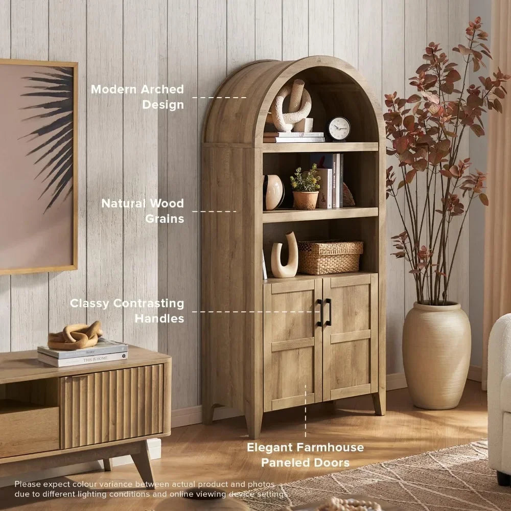 Side view of a 65.4-inch short arched cabinet showcasing its 5-tier arched shelves and spacious storage.