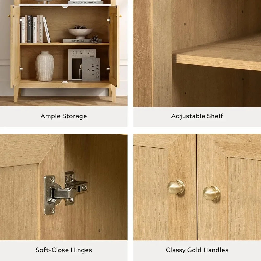 Features of the 71-inch arched cabinet, including adjustable shelves, soft-close hinges, and classy gold handles.