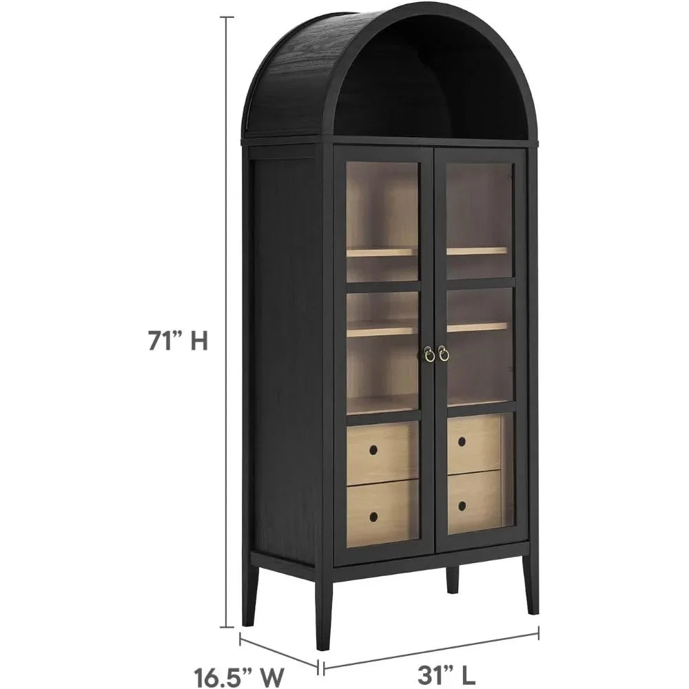 Arched black display cabinet with dimensions, featuring glass doors and wooden storage drawers.