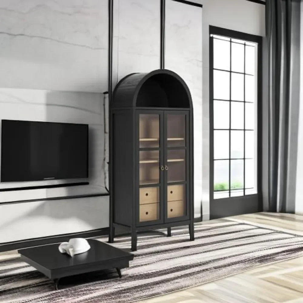 Black arched display cabinet in a modern living room setting, featuring glass doors and stylish design.