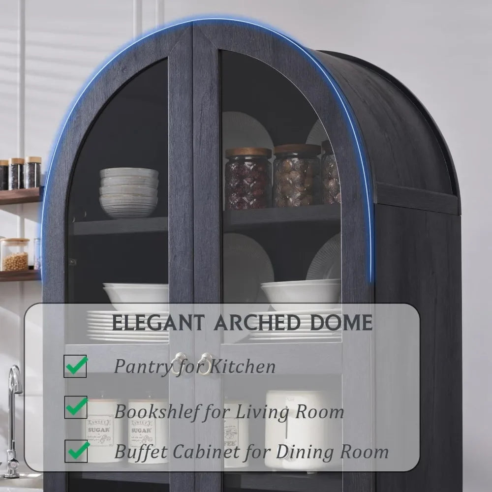 Close-up of the arched dome top on a kitchen pantry cabinet featuring built-in LED lighting, highlighting an elegant design for dining and living rooms.

