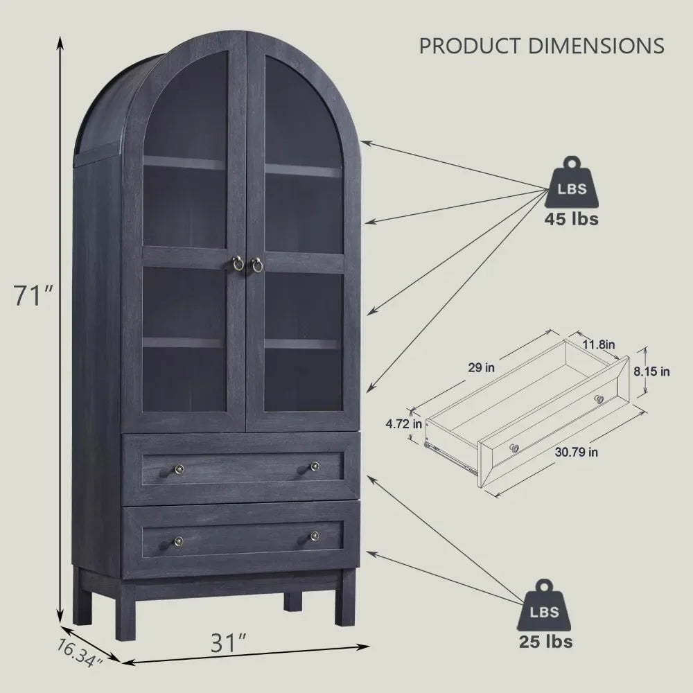 Dimension diagram of a 71-inch tall arched pantry cabinet showing width, drawer size, and weight capacity for sturdy kitchen storage.

