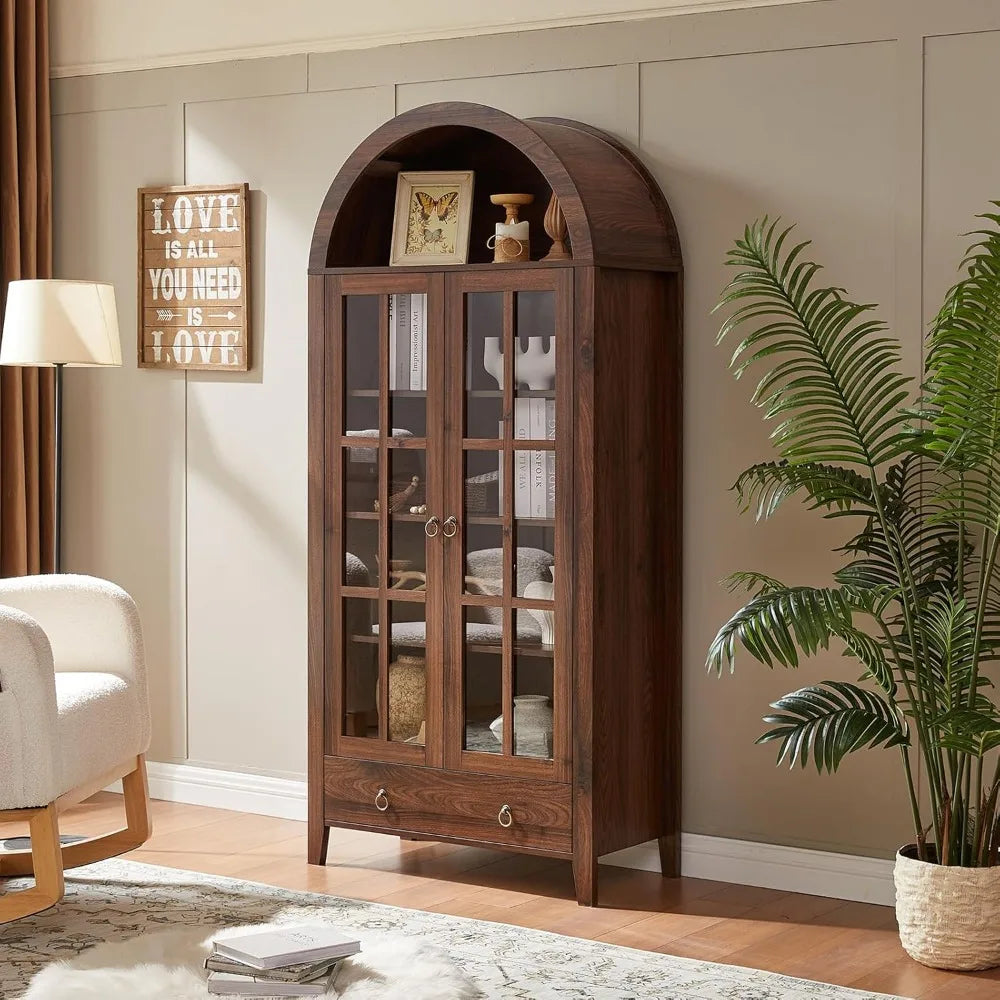 Side view of a 71-inch arched kitchen pantry cabinet with rustic design and glass-paneled doors.