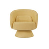 Alternate front view of a yellow sherpa barrel swivel chair with a supportive toss pillow, offering a cozy seating option for home offices or living rooms.

