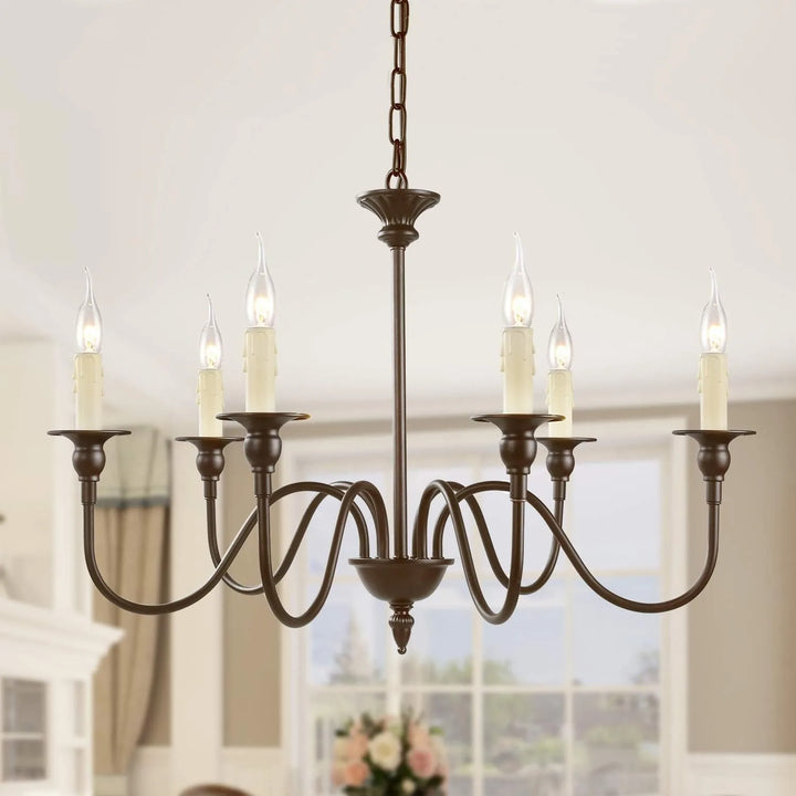 Black and Gold 6-Light Candle Chandelier in a living room with vintage design.