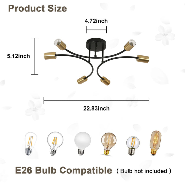 Detailed dimensions of the black and gold chandelier with E26 bulb compatibility.