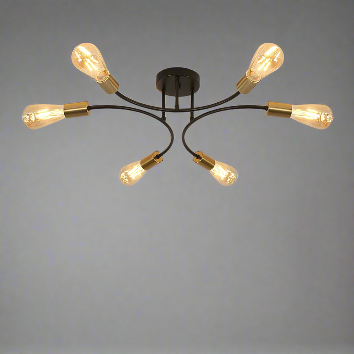 Sputnik Ceiling Light Fixture – 6-Light Black and Gold Chandelier, Industrial Semi-Flush Mount Ceiling Light