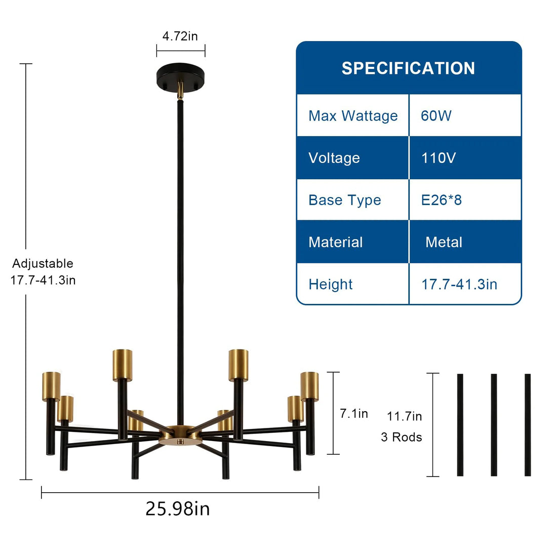 Black and gold chandelier showing the dimensions and specifications for height and wattage.