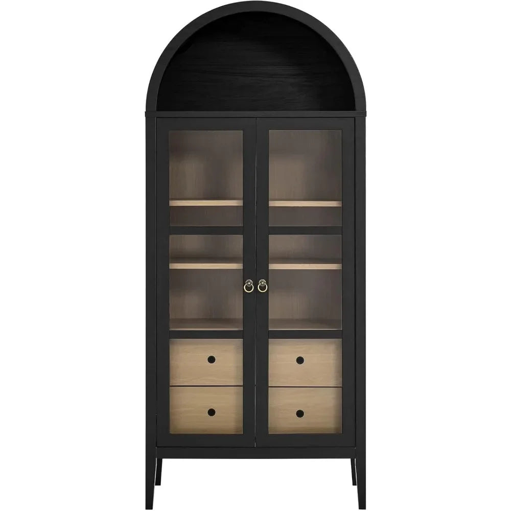 Front view of a black arched display cabinet with glass doors and natural wood finish drawers.