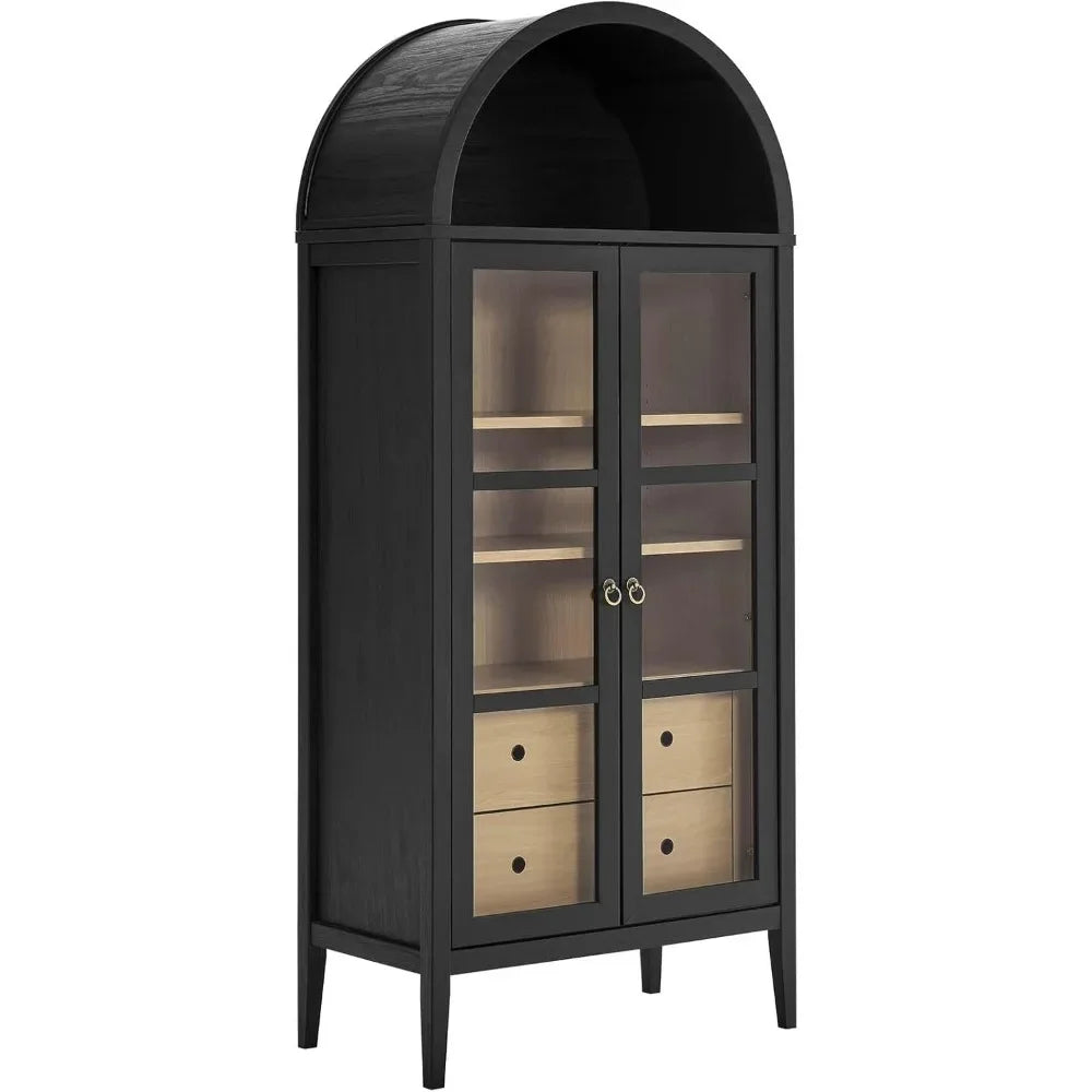 Modern black arched display cabinet with glass doors and wooden drawers for elegant storage.