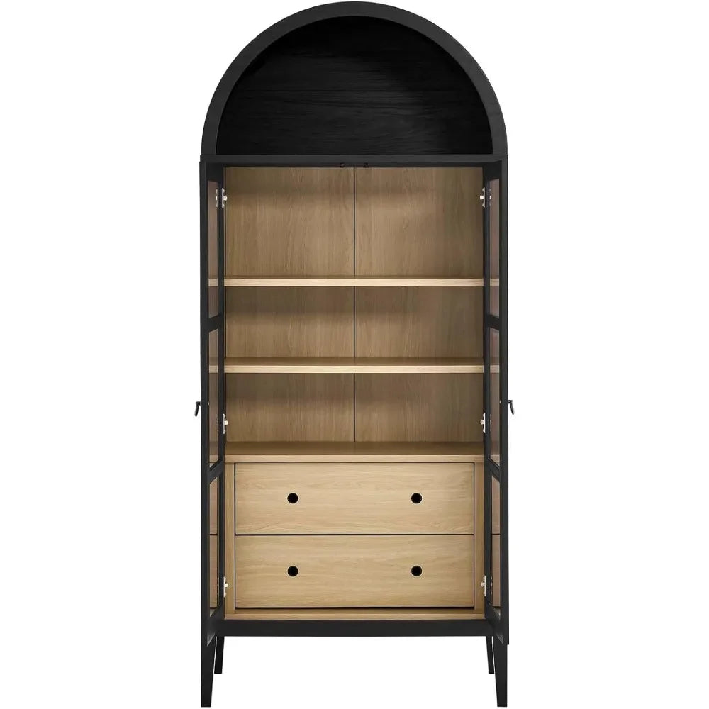 Black arched display cabinet with open doors, showcasing spacious shelves and wooden drawers.