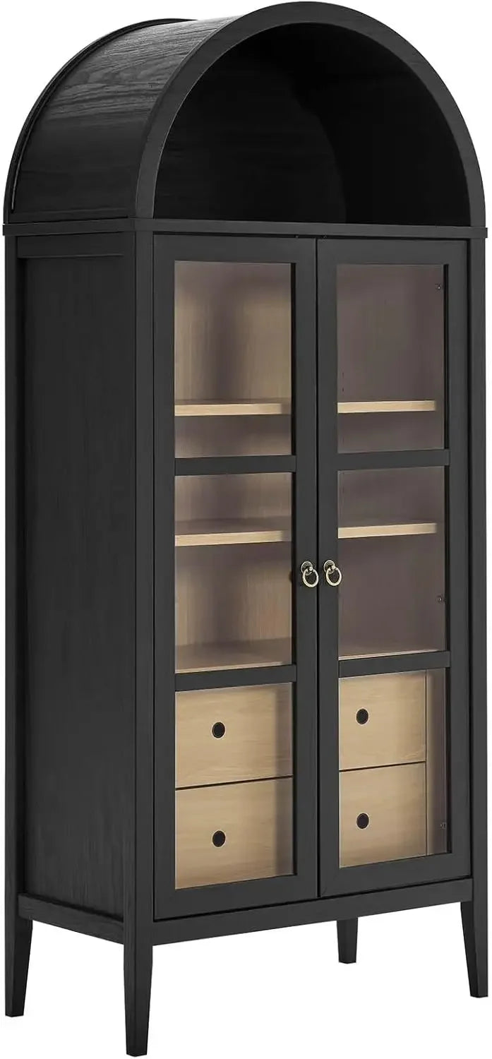 Perspective view of a modern black arched display cabinet with stylish glass doors and drawers.