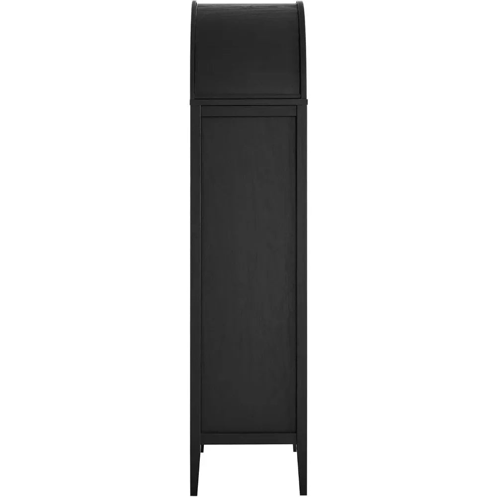 Side view of a sleek black arched display cabinet, perfect for modern interiors.