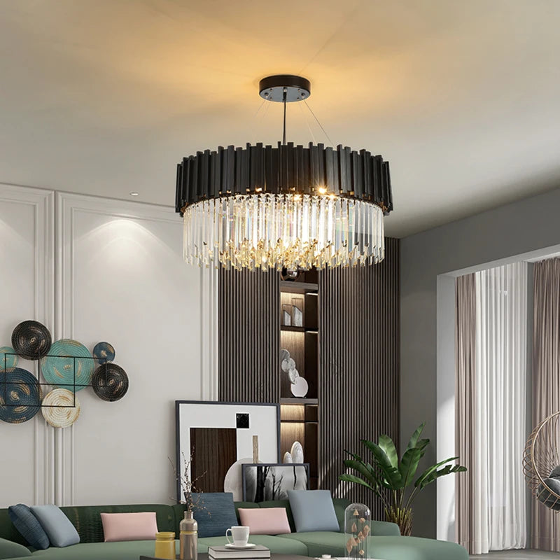 Modern black crystal chandelier lamp hanging in a stylish living room