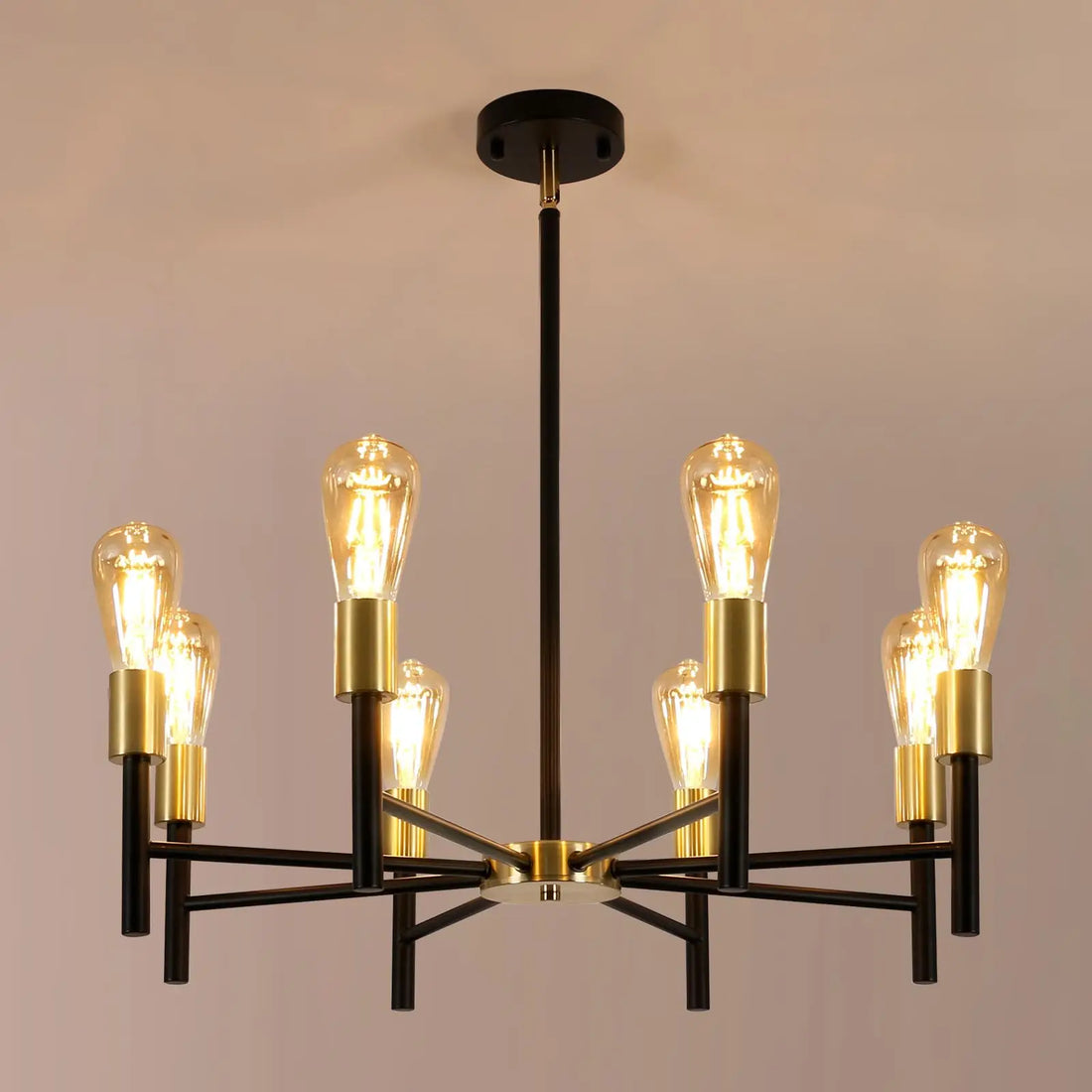  Black and gold chandelier with eight lights for dining room and kitchen, featuring a modern farmhouse design.