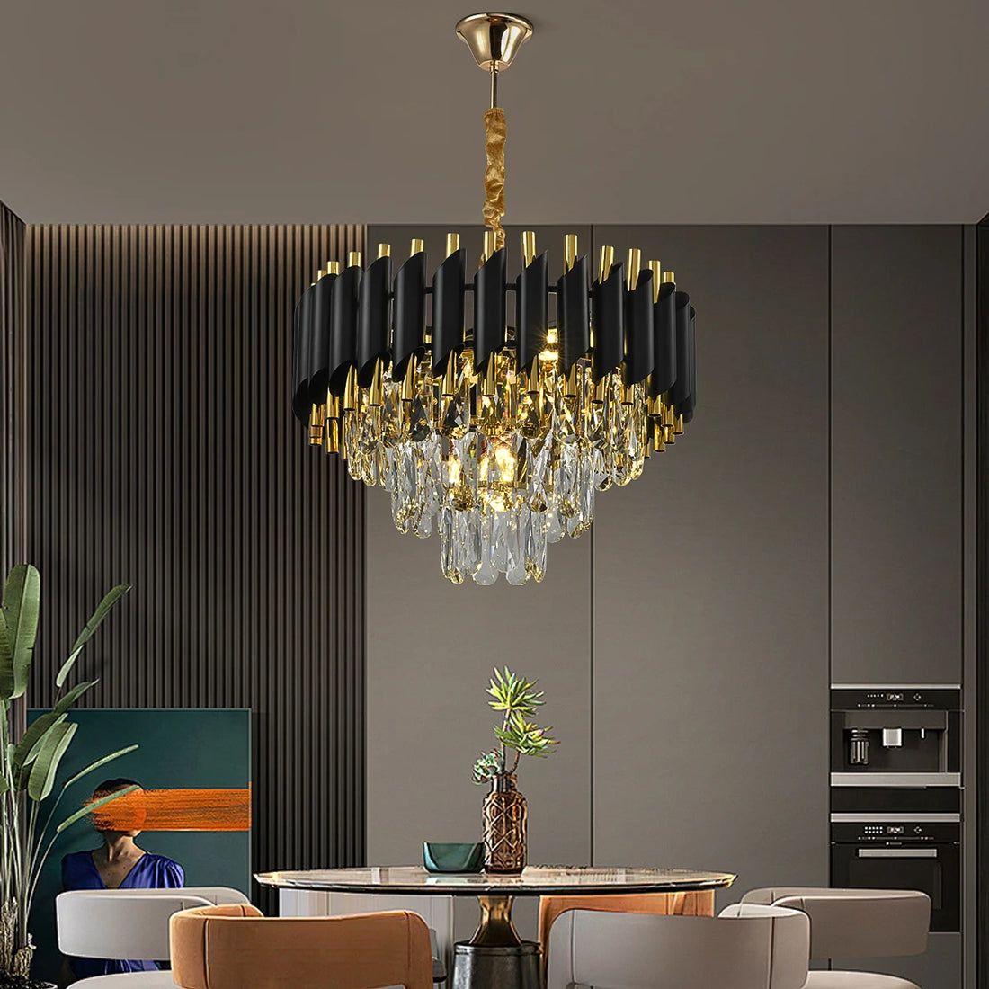 Elegant black gold crystal chandelier enhancing the decor of a modern bedroom.