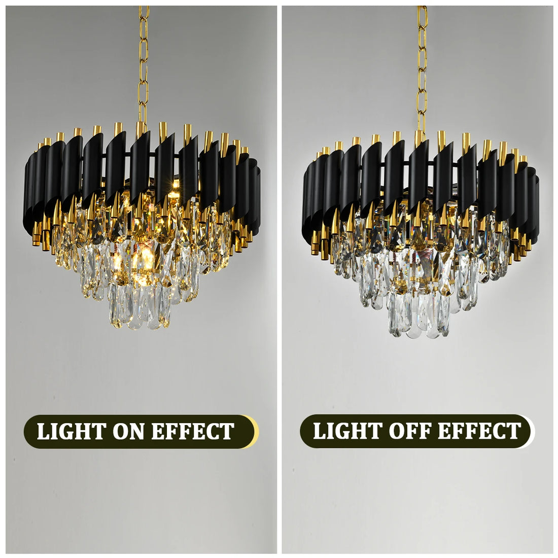 Black and Gold Crystal Chandelier showing both light-on and light-off effects for a dynamic look