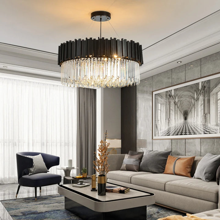 Round black crystal chandelier LED lamp enhancing the decor of a modern living room