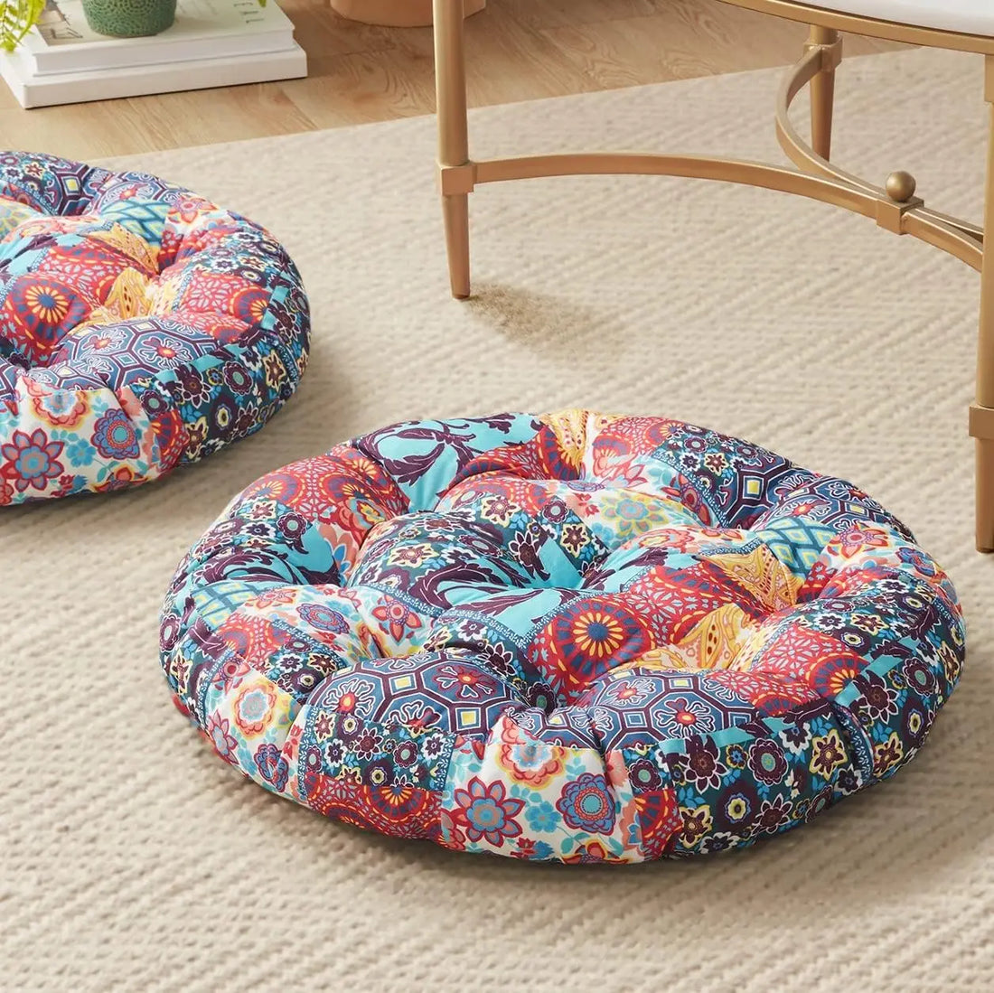 Close-up of a single boho-style round floor cushion, highlighting the vibrant mandala and floral patterns for eclectic home decor.
