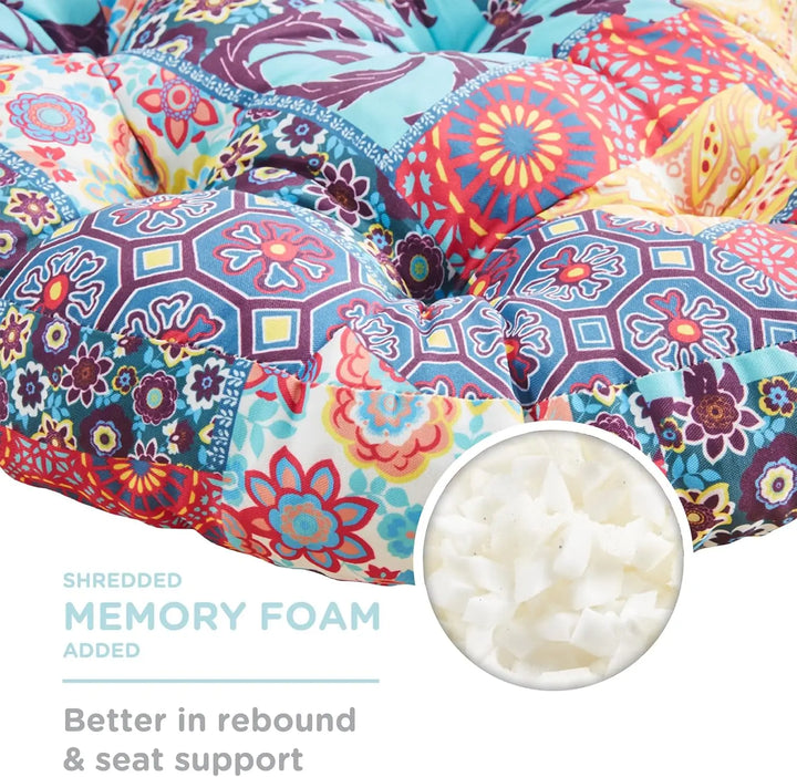 Close-up view of the boho floor pillow’s shredded memory foam filling, demonstrating soft rebound and enhanced seat support.
