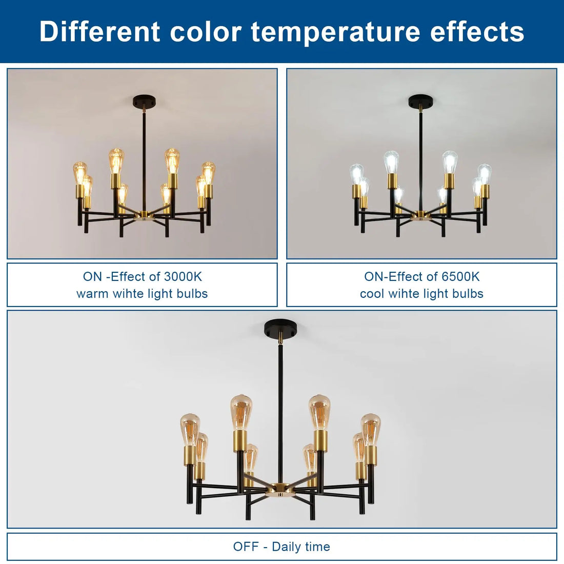 Chandelier with color temperature effects: warm white light (3000K) and cool white light (6500K).