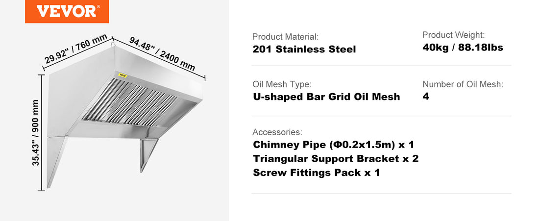 VEVOR Commercial Exhaust Hood – 4/5/6/7/8/9FT Stainless Steel Under Cabinet Concession Hood for Food Trucks & Commercial Kitchens