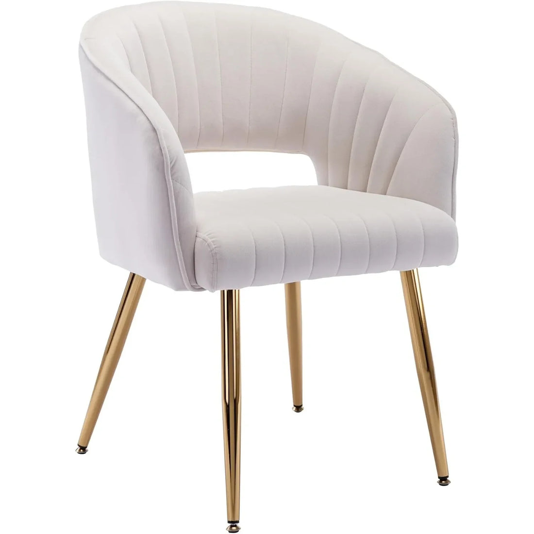 Modern cream velvet armchair with a tufted barrel-style back and gold metal legs, suitable for use as a desk chair, side chair, or vanity seat.

