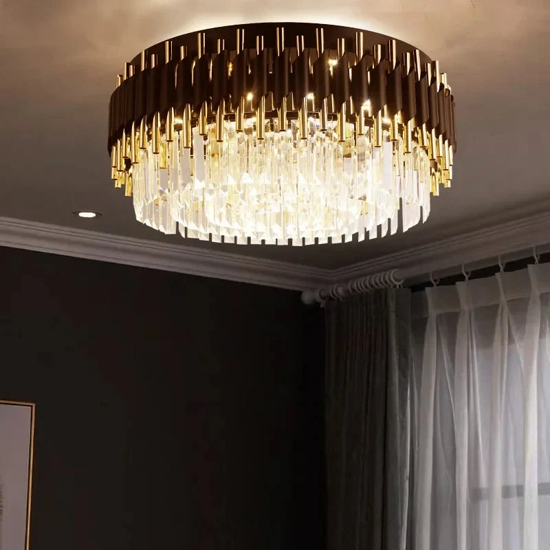 Elegant black and gold crystal chandelier with LED lighting, perfect for dining rooms and bedrooms