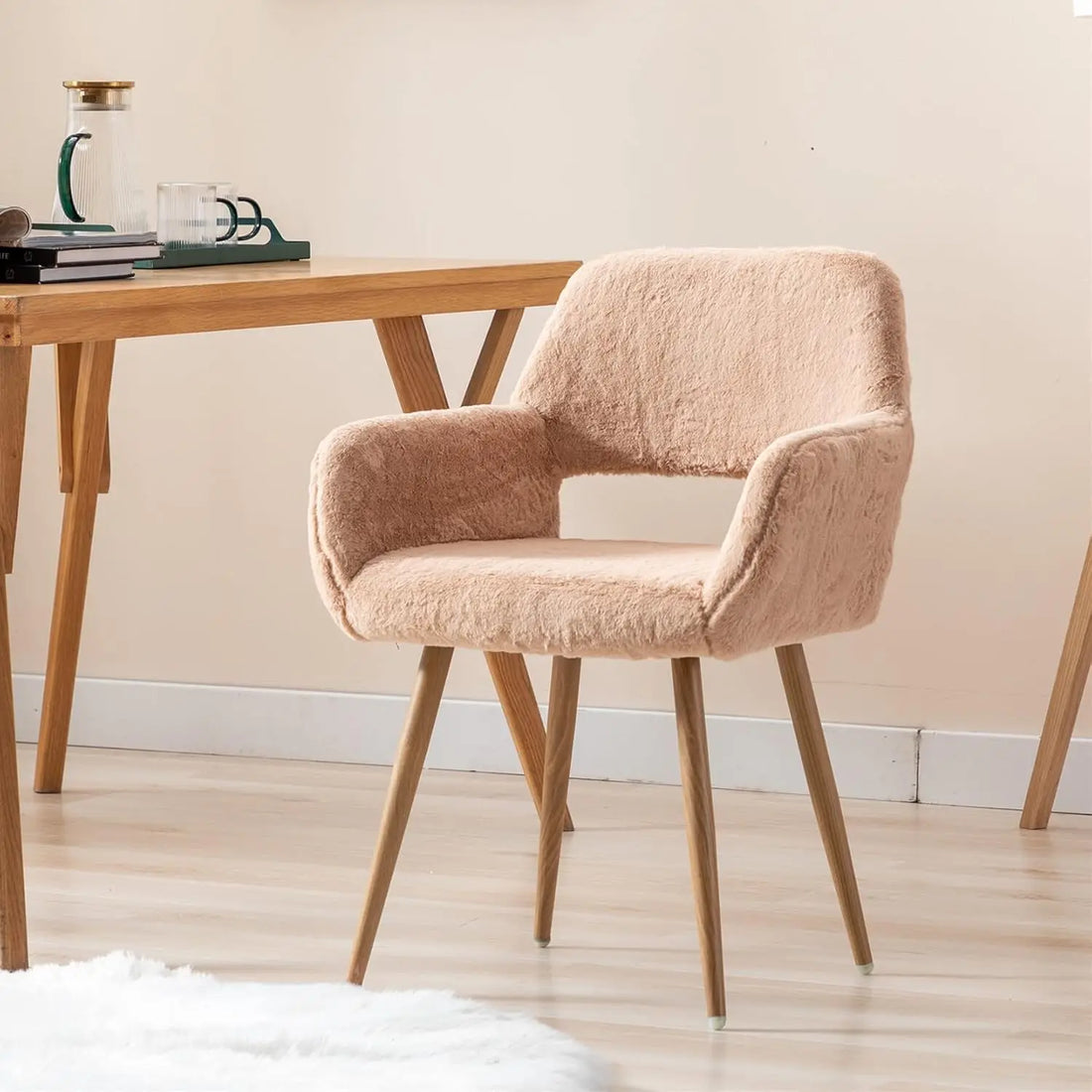 Slightly angled view of the SSLine faux fur vanity chair in a camel finish, highlighting the plush upholstery and comfy armrests.