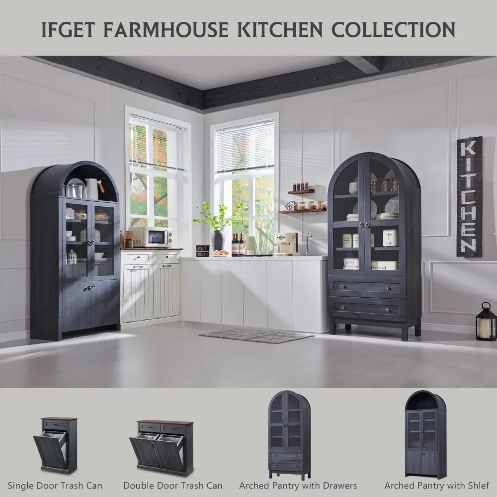 Lifestyle photo of the IFGET farmhouse kitchen collection featuring a matching tall arched pantry cabinet, single and double door trash cans, and coordinated cabinetry.


