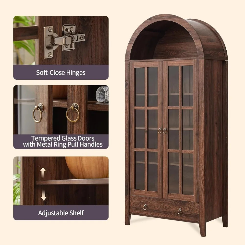 Key features of a farmhouse arched cabinet, including tempered glass doors, adjustable shelves, and soft-close hinges.