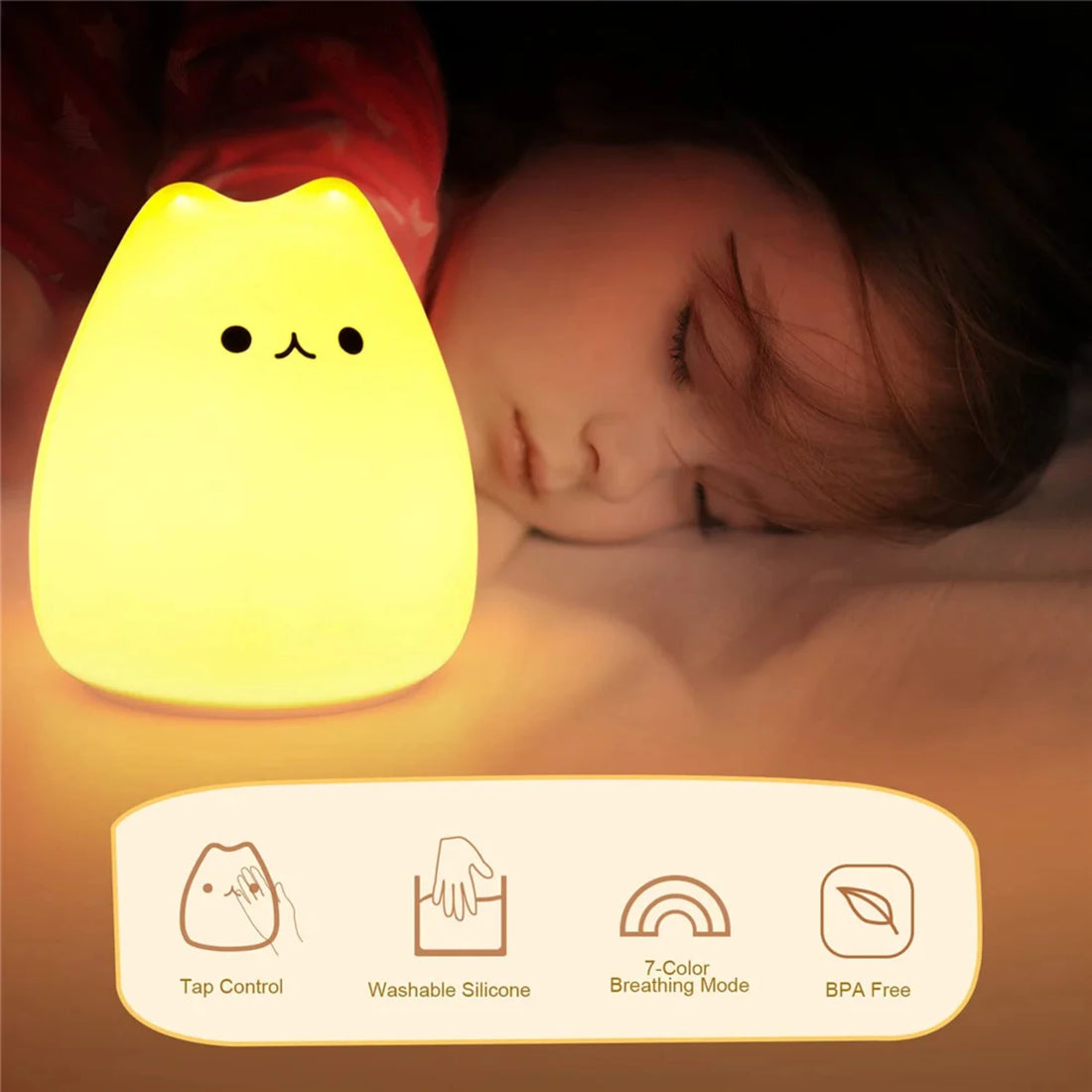 Durable BPA-free silicone cat-shaped lamp.