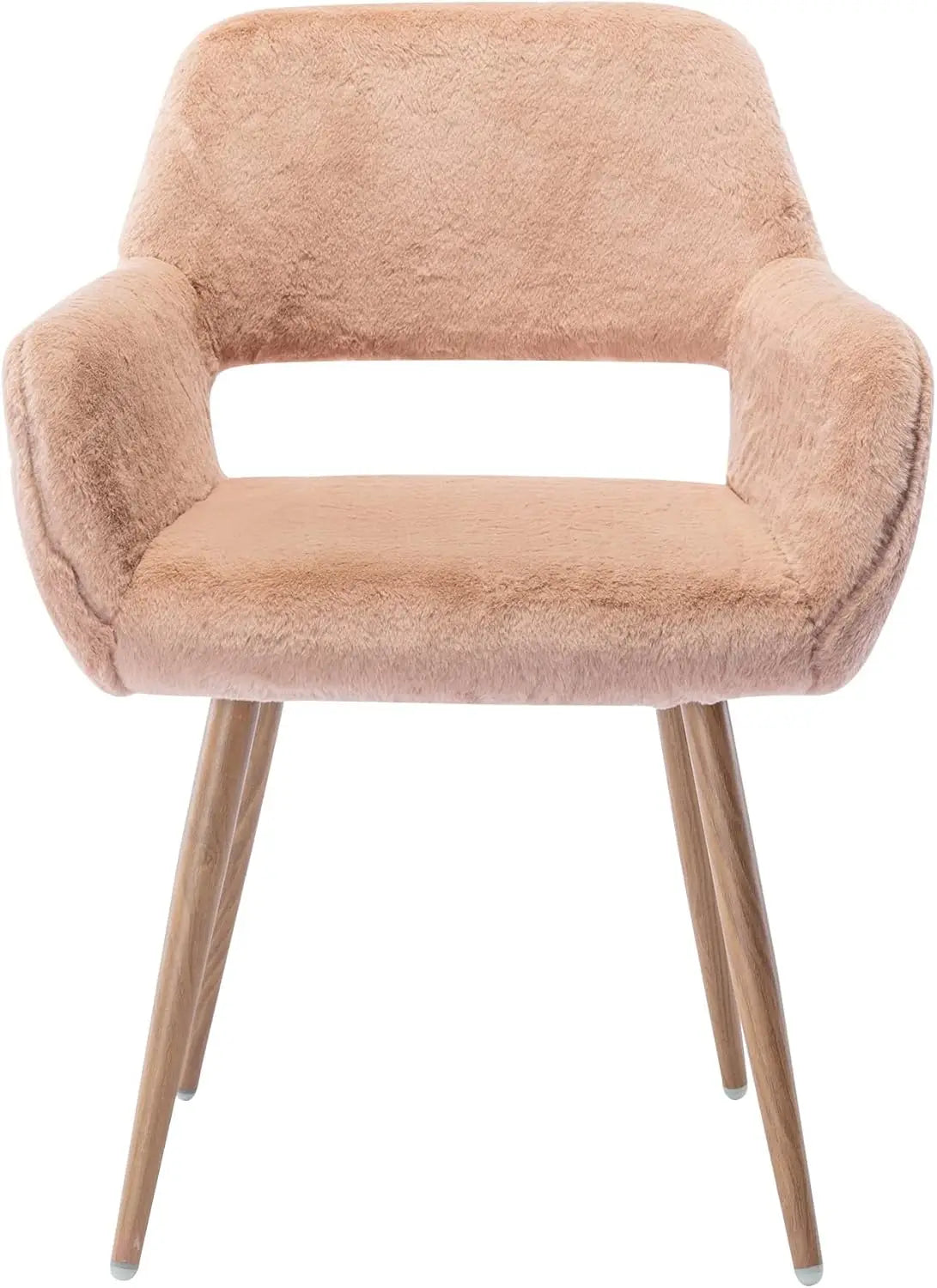 Front-facing view of a camel faux fur vanity chair from SSLine with an open-back design, soft armrests, and tapered wooden legs.

