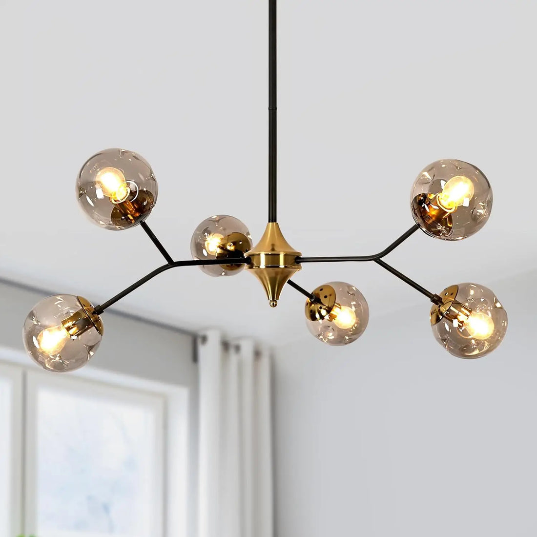 Glass Sputnik Gold Chandelier with six smoke gray glass lampshades and black and gold finish.