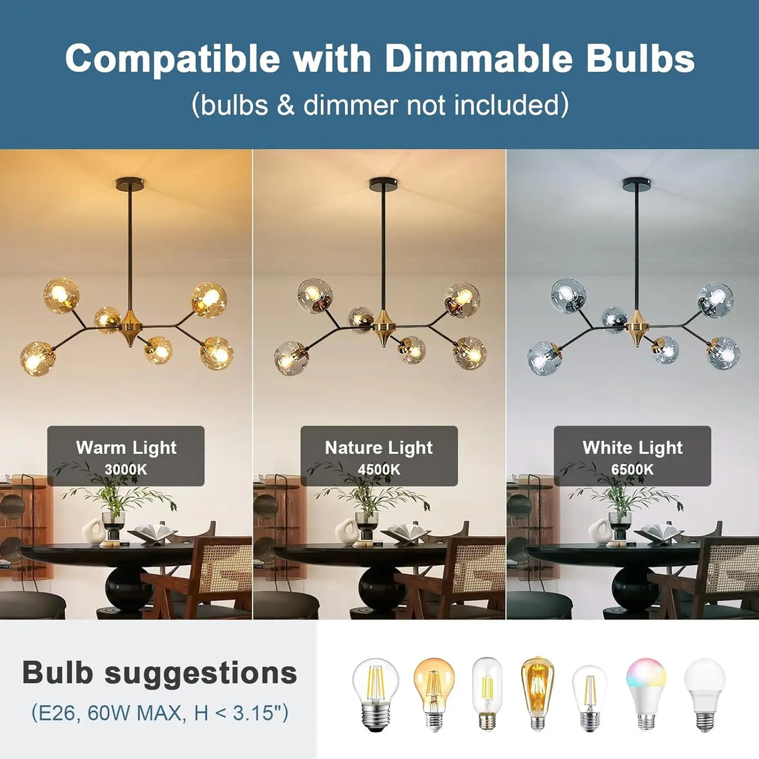 Glass Sputnik Gold Chandelier with dimmable bulb compatibility and three light modes.