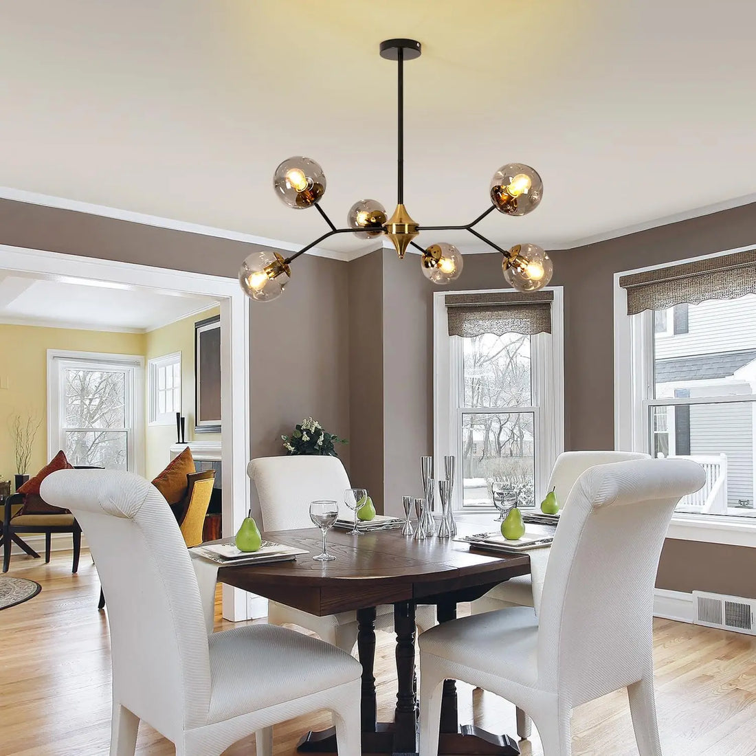 Glass Sputnik Gold Chandelier with six smoke gray glass lampshades in a modern black and gold design.