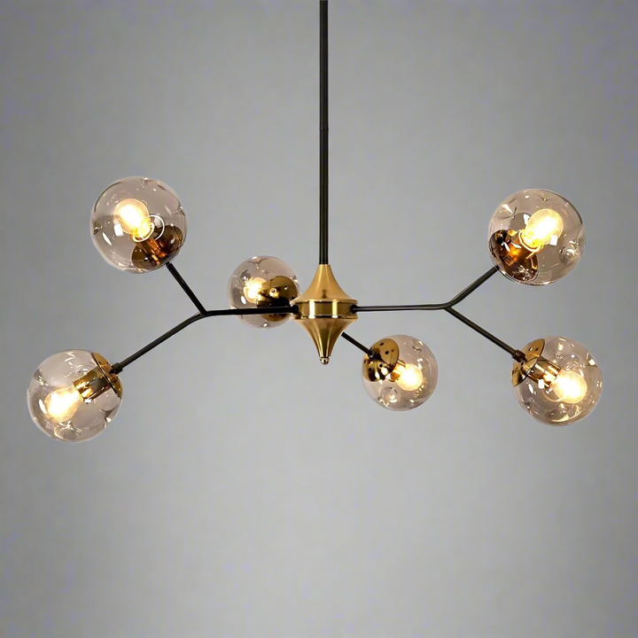 Glass Sputnik Gold Chandelier – 6-Light Black and Gold Pendant with Smoke Gray Glass Lampshades