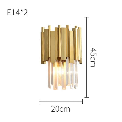 Gold wall-mounted crystal lamp with E14 bulb and modern design for foyers and living spaces.