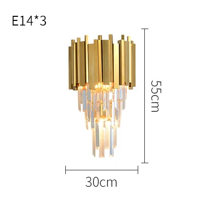 Gold wall-mounted tiered crystal lamp with E14 bulb for stylish accent lighting