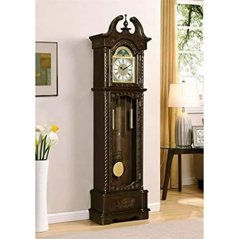 A tall wooden grandfather clock with a chime, showcasing the elegant design with a pendulum, located in a room with modern décor.