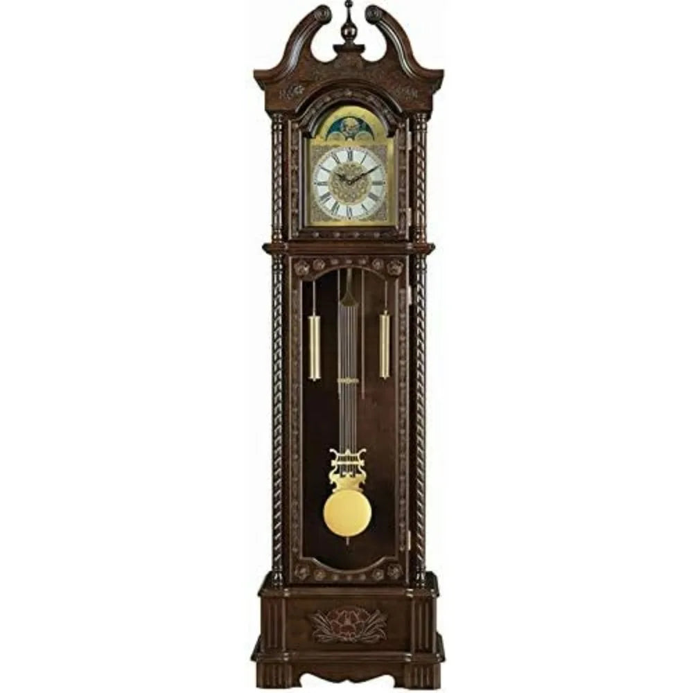 Front view of the traditional wooden grandfather clock, highlighting the gold chimes, pendulum, and clock face with Roman numerals.