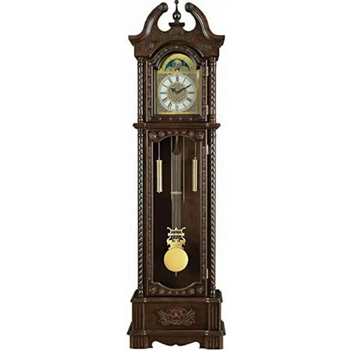 Front view of the traditional wooden grandfather clock, highlighting the gold chimes, pendulum, and clock face with Roman numerals.