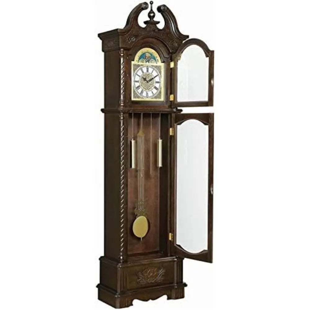 Grandfather clock with a door opened to reveal the inner chimes and pendulum.