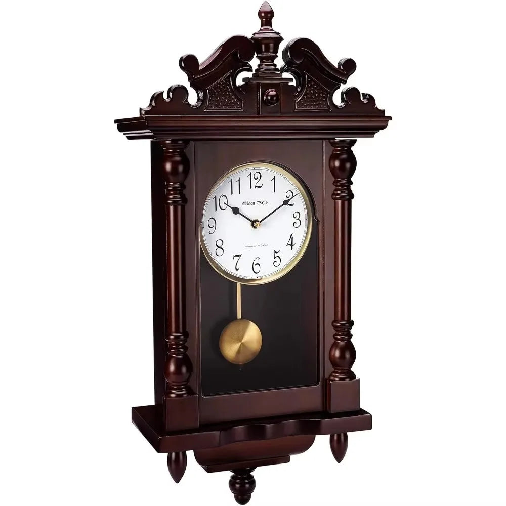 Antique wooden grandfather clock with 22-inch size and a swinging pendulum.